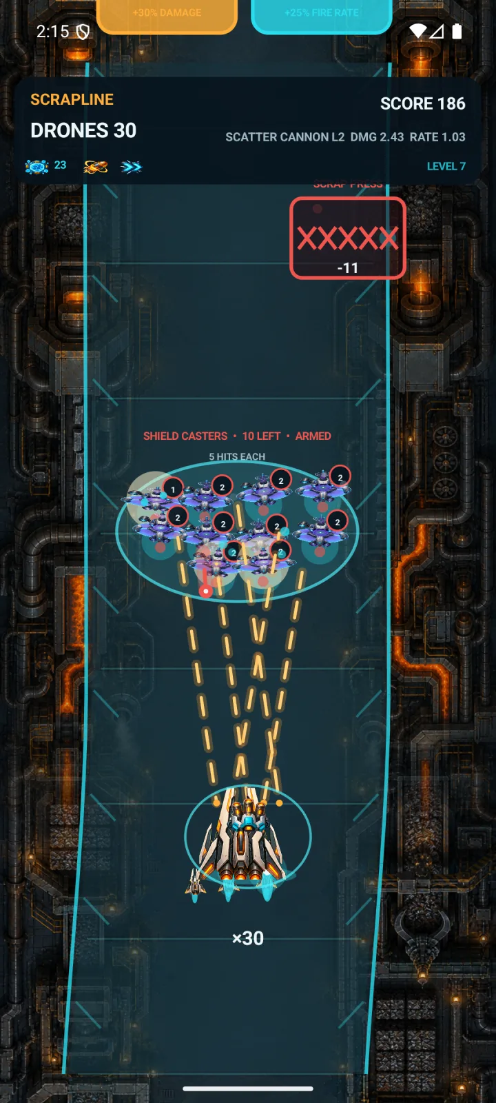 Scrapline combat with a player ship fighting an enemy swarm